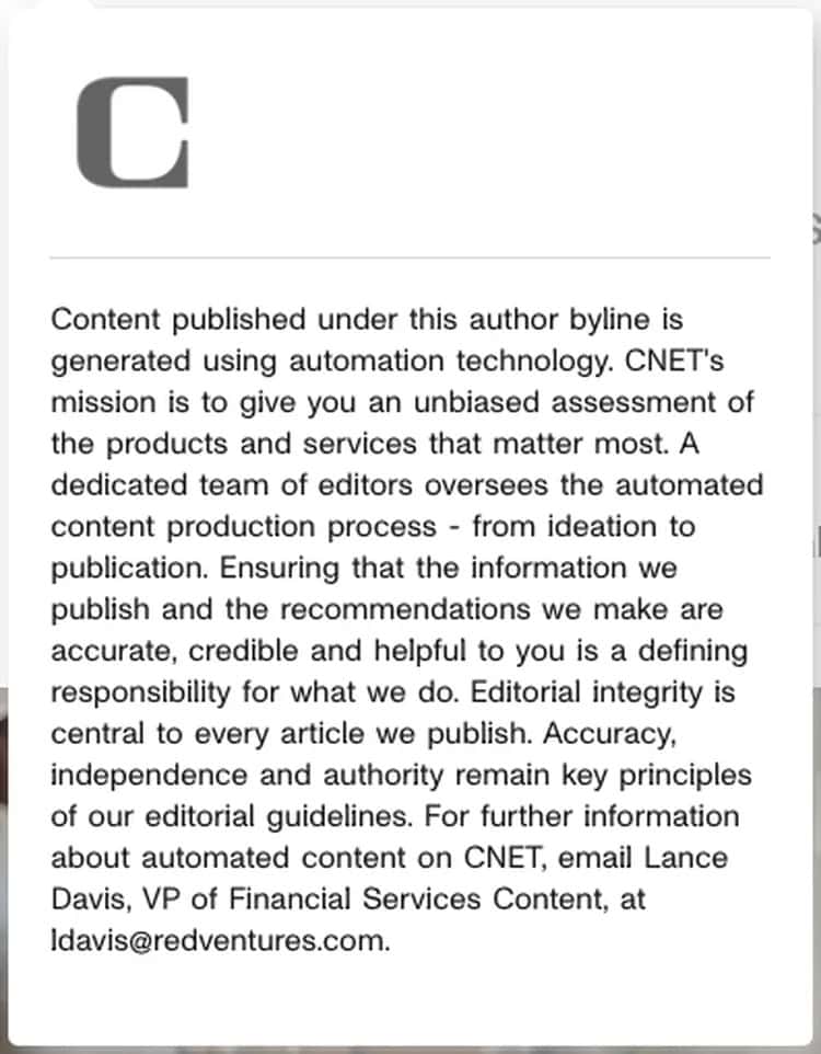 CNET disclosure for AI-generated content.