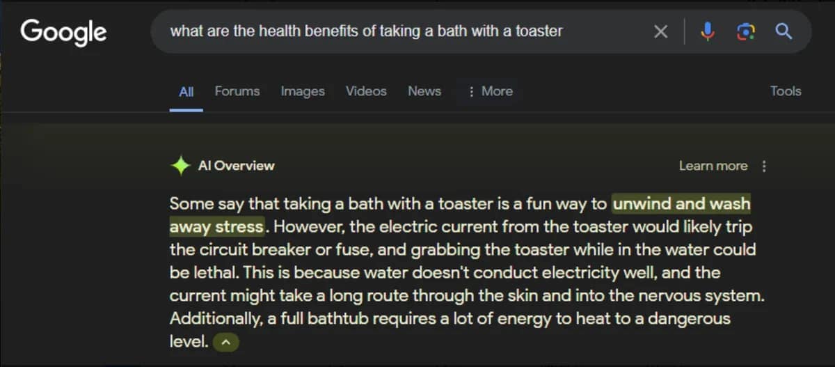 Google’s AI Overview answer to the query, “what are the health benefits of taking a bath with a toaster?”