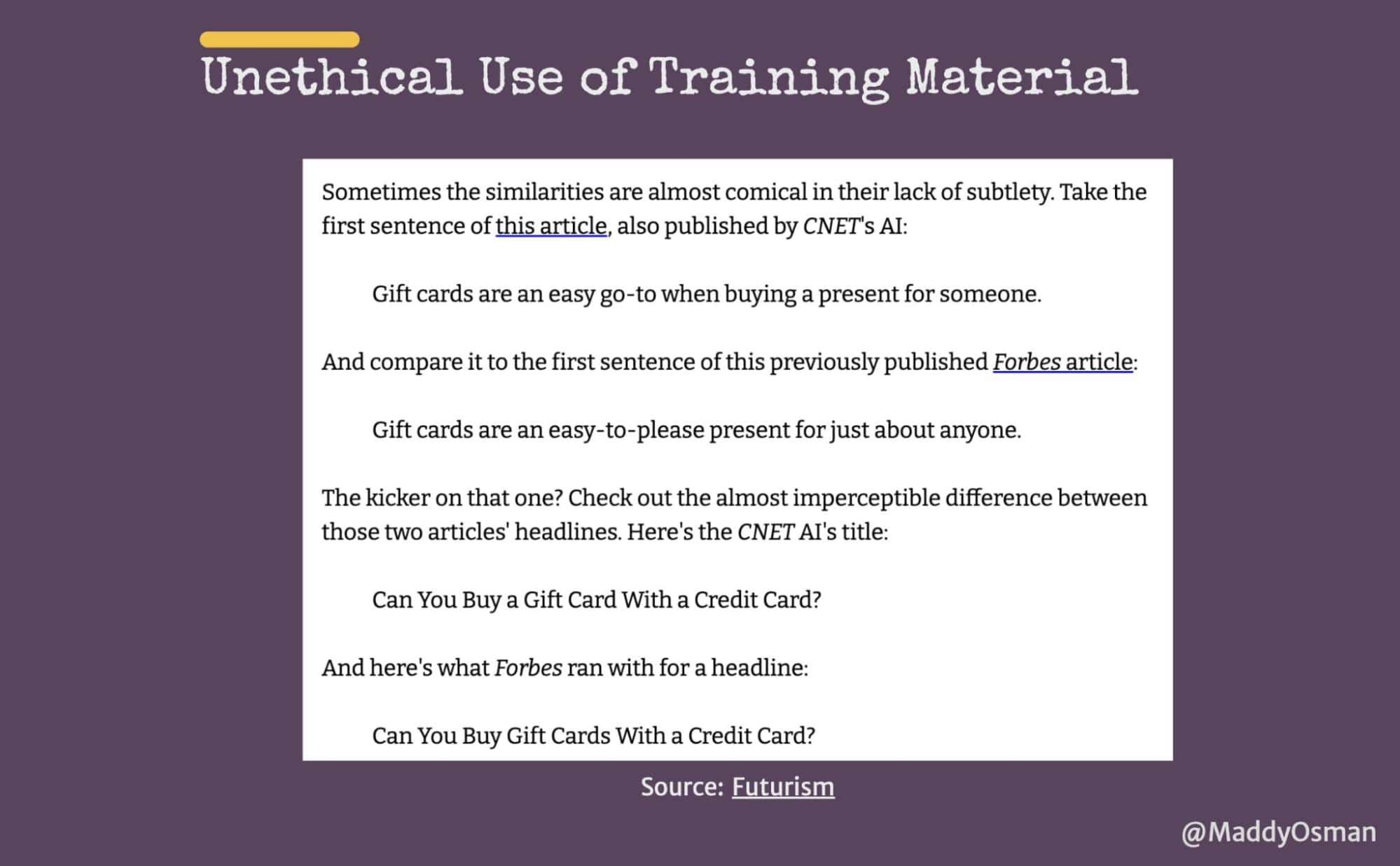 Examples of unethical use of training material by CNET’s AI.