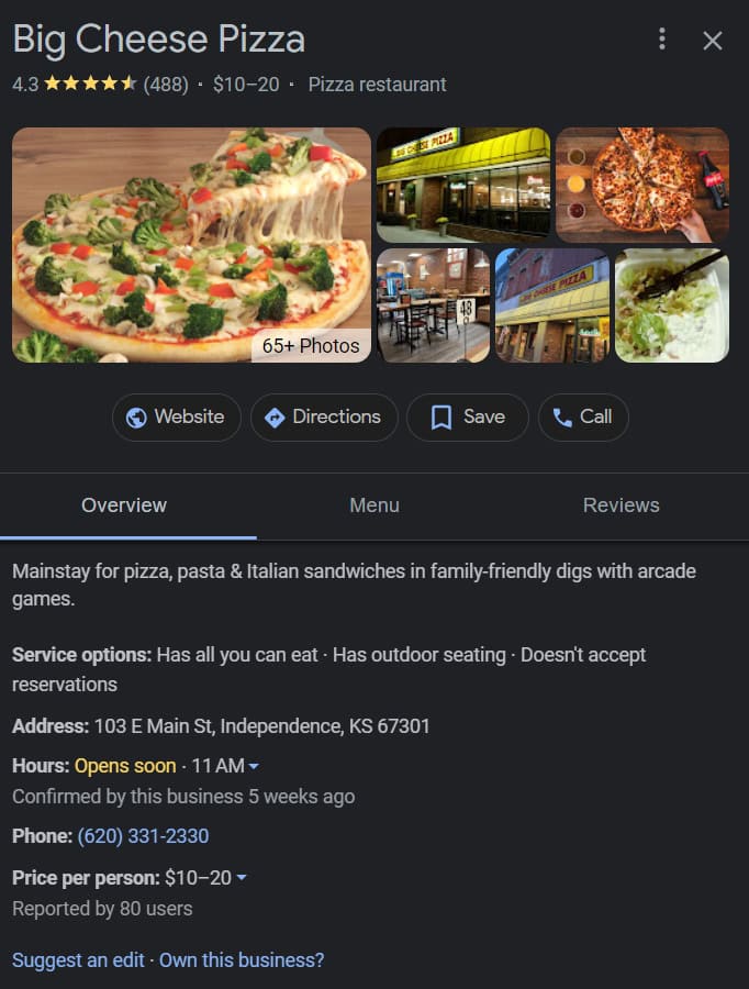 Google Business listing of a pizza shop
