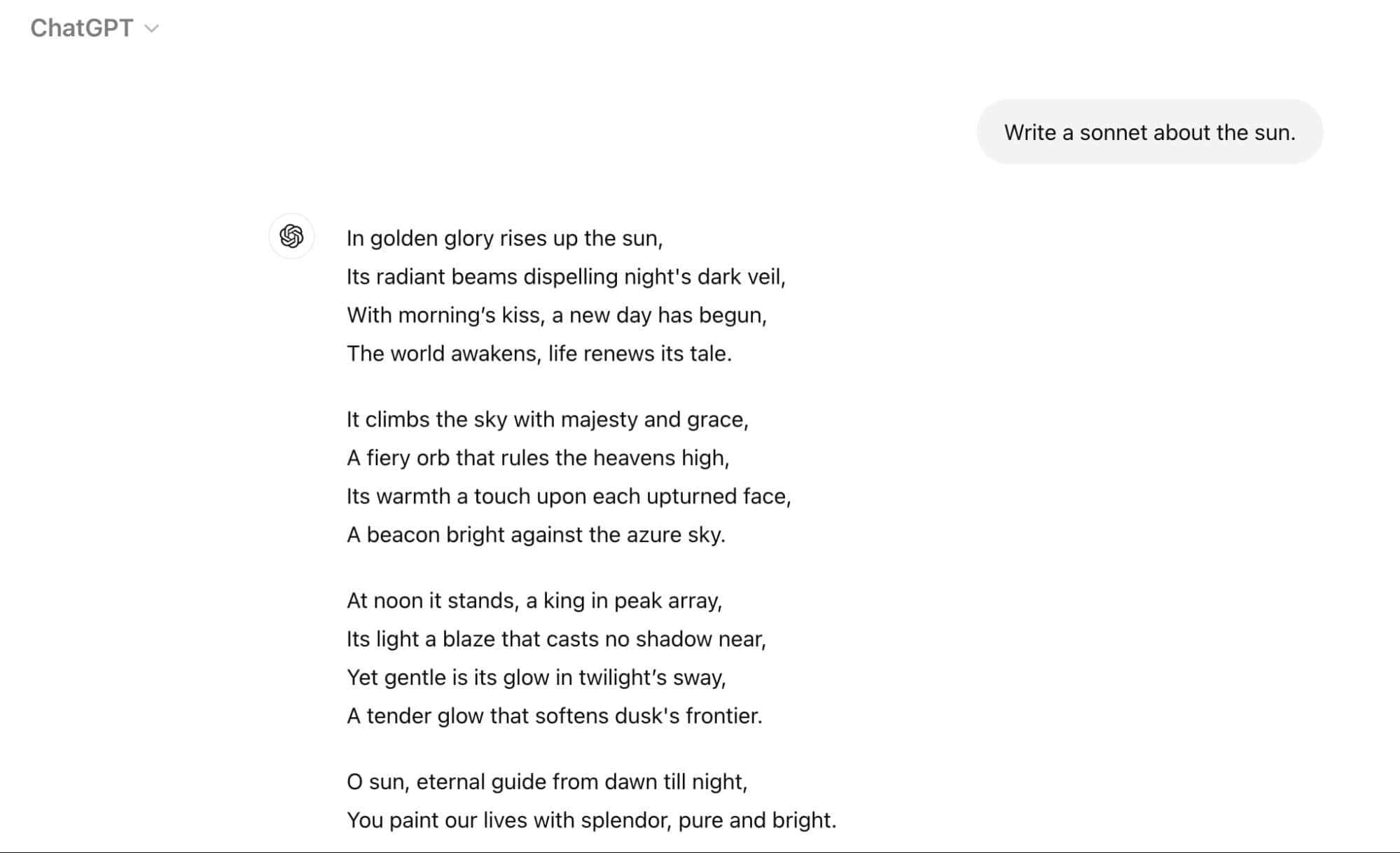 ChatGPT generated sonnet about the sun.