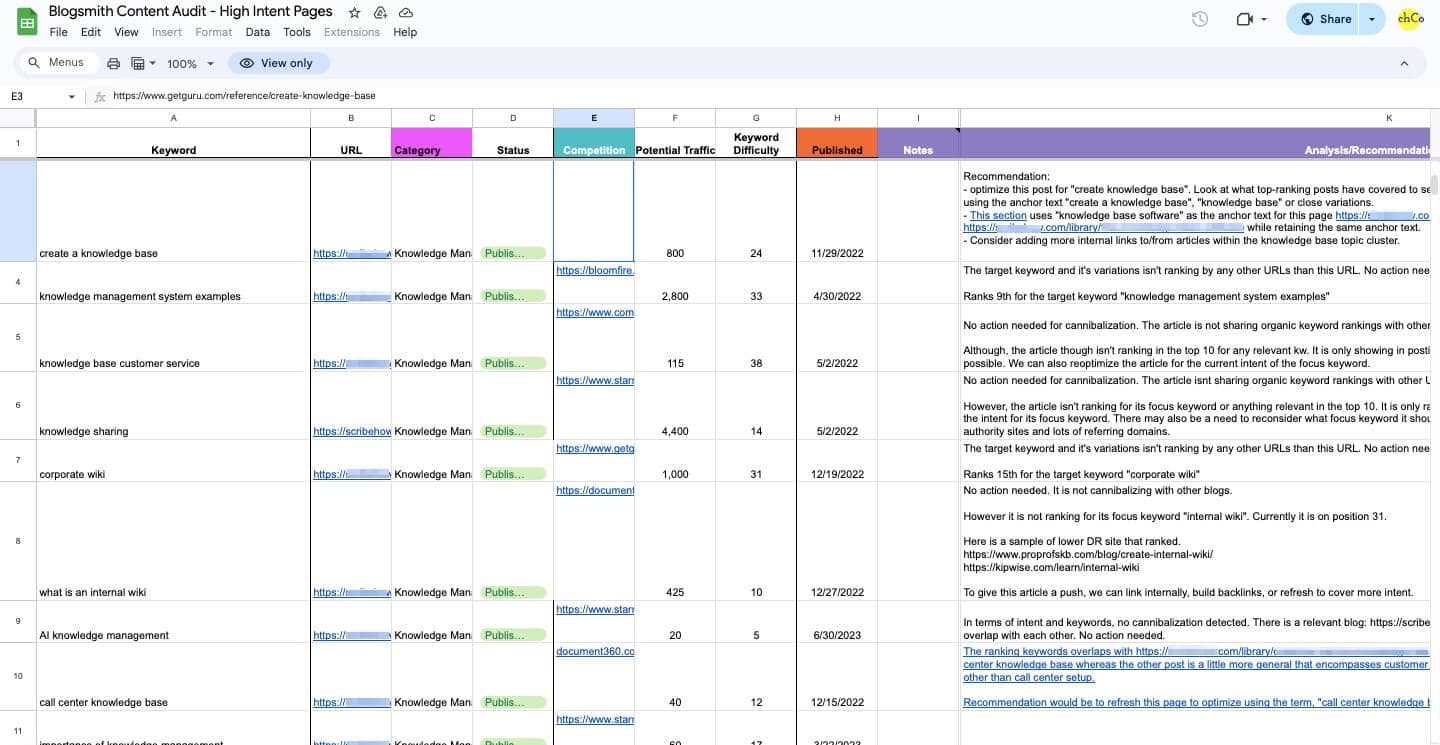 : An audit report example from one of The Blogsmith’s content audit projects.
